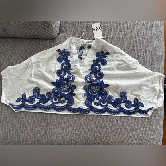 Zara White Cotton Embroidered Cropped Blouse Size M - Picture 7 of 16